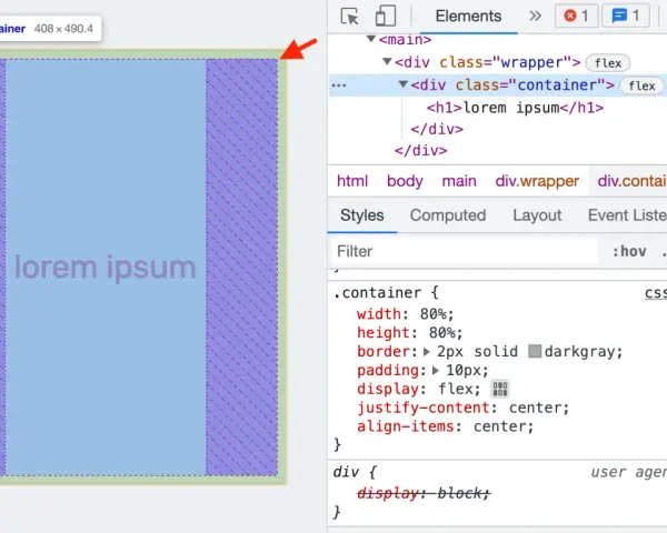 Kontener flexbox z tekstem "lorem ipsum" wyśrodkowanym dzięki `justify-content: center`.