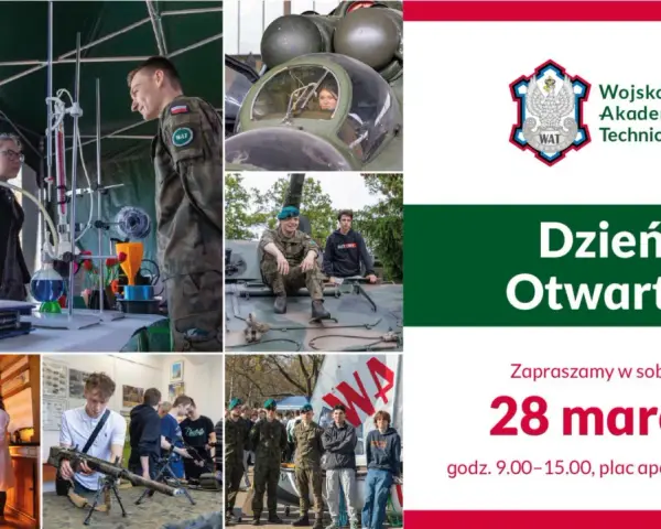 Kolaż zdjęć z Dnia Otwartego WAT: studenci, wojskowi, sprzęt, eksperymenty.