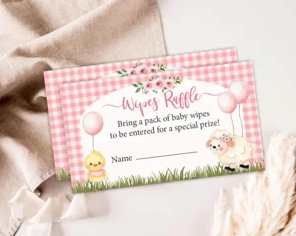 En inbjudan till "Wipes Raffle" med en söt kyckling och ett får. Ta med ett paket baby servetter för att delta i utlottningen.