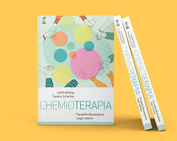 Okładka książki "Chemioterapia" z ilustracją dłoni i kolorowych kół.