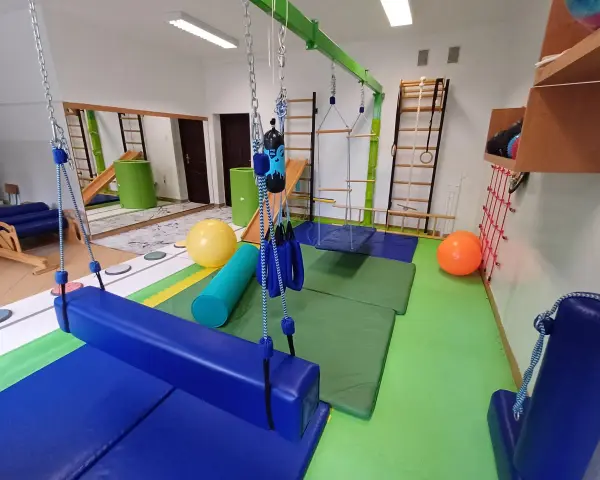 Sala terapeutyczna z huśtawkami, drabinkami, materacami i piłkami.
