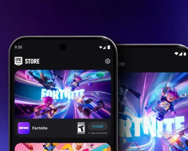 Dos teléfonos muestran la Epic Games Store con Fortnite. Descubre trucos para Fortnite y domina el juego.