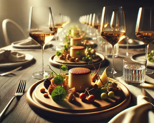 Ett elegant dukat bord med glas fyllda med gyllene vin, redo för en utsökt måltid. Små desserter med bär och frukt väntar.