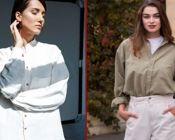 Dwie kobiety prezentują, jak nosić koszule oversize: jedna w białej, druga w oliwkowej. Luźny krój dodaje stylu.