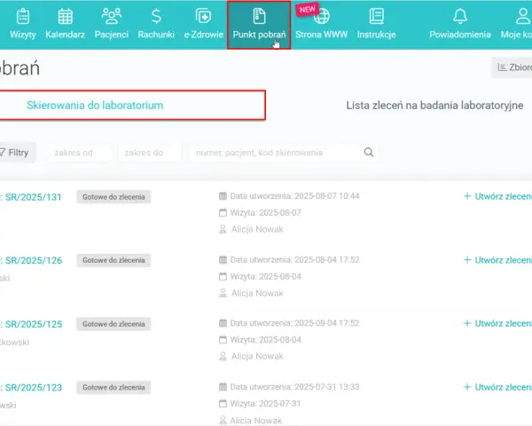 Ekran "Punkt pobrań" w systemie MedFile. Widoczne skierowania do laboratorium, lista zleceń badań, filtry i opcje zarządzania.