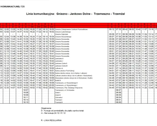Rozkład jazdy autobusów MPK Gniezno, linia 725, kursująca między Gnieznem, Jankowem Dolnym i Trzemesznem.