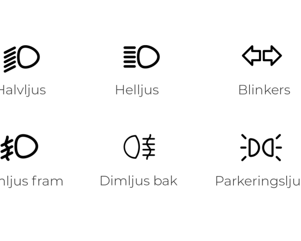 Ikoner för fordonsbelysning: halvljus, helljus, blinkers, dimljus fram, dimljus bak och parkeringsljus.