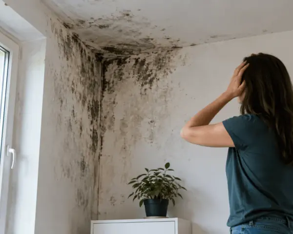 Frau verzweifelt wegen Schimmel an der Wand. Sie muss den **Schimmel Vermieter melden**, um eine Lösung zu finden.