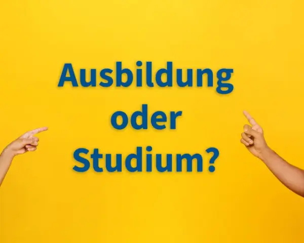 Zwei lächelnde junge Leute zeigen auf die Frage: Ausbildung oder Studium? Die Entscheidung für die Zukunft.