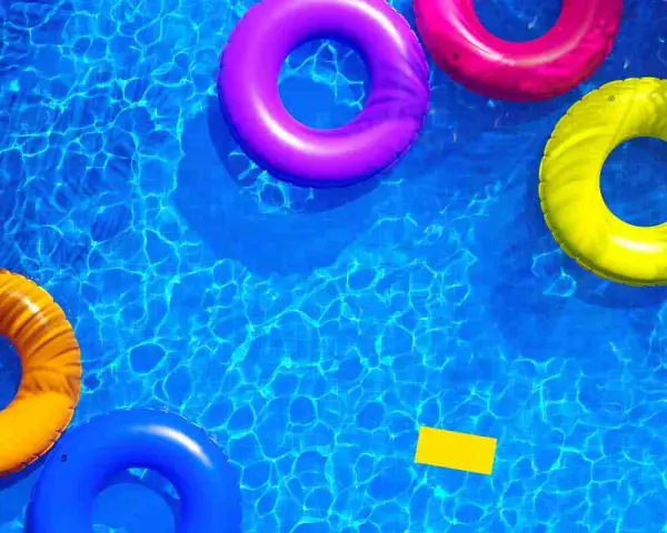 Colorful inflatable rings float in a sparkling blue pool, hinting at how to get crystal clear pool water.