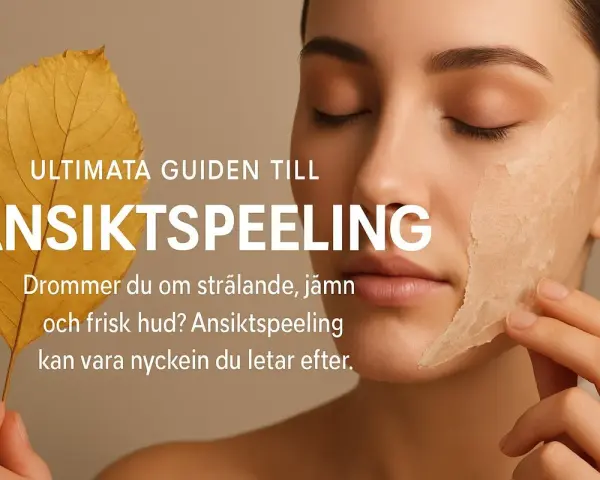 En kvinna med slutna ögon drar försiktigt bort ett lager av ansiktspeeling. En guldfärgad höstlöv ligger bredvid texten "Ultimata guiden till ansiktspeeling".
