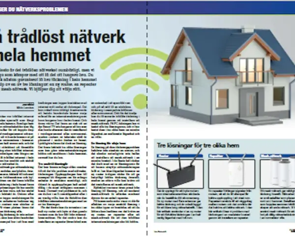 En bild på ett hus med en wifi-symbol och texten "Få trådlöst nätverk i hela hemmet". Nedanför visas en test router och andra nätverkslösningar.