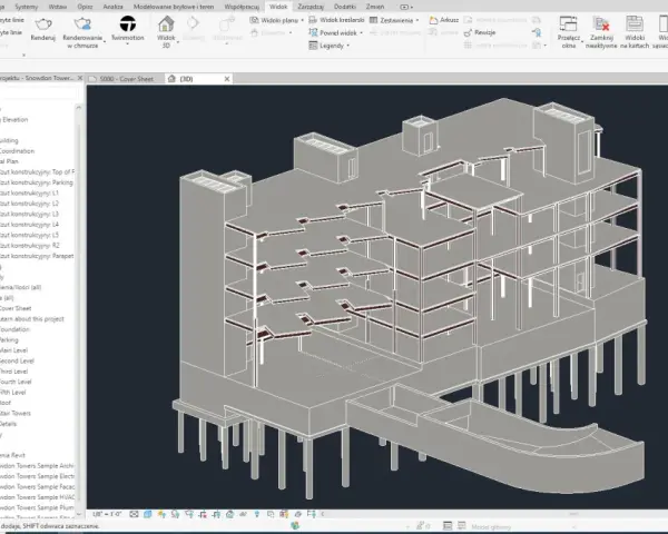 Widok 3D budynku w programie Revit. Widoczna konstrukcja pięter, słupy i fundamenty. W panelu po lewej stronie widać opcje widoku i przeglądarkę projektu.