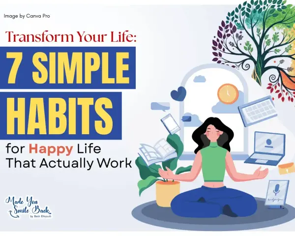 A woman meditates, surrounded by floating devices, as a colorful tree grows above. Learn 7 simple habits for a happy life and make today a good day.
