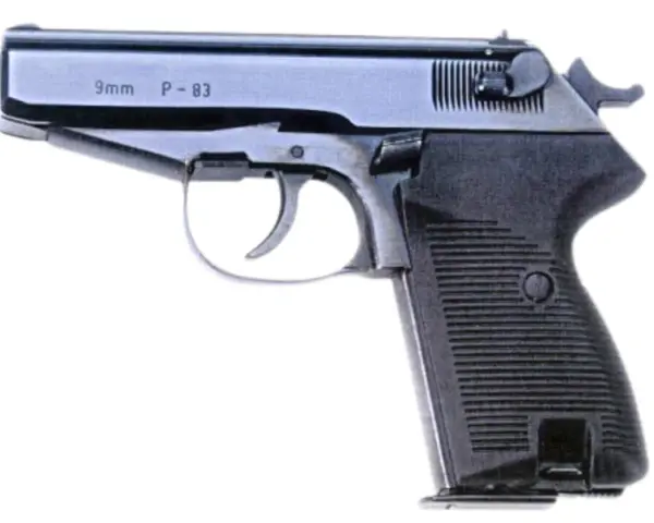 Pistolet P-83 kalibru 9mm, z czarną, ryflowaną rękojeścią.