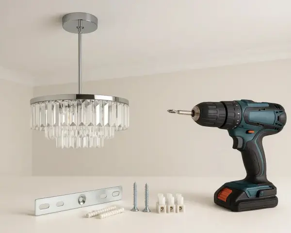 Comment fixer un lustre au plafond avec crochet : perceuse, vis, chevilles, connecteurs et un beau lustre en cristal.