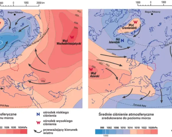 Dwie mapy pokazują rozkład średniego ciśnienia atmosferycznego nad Europą i Arktyką. Widoczne są układy wysokiego i niskiego ciśnienia oraz kierunki wiatru.