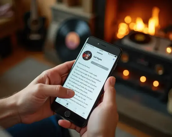 Telefon z aplikacją do rozpoznawania muzyki, która pomaga jak znaleźć tytuł piosenki po fragmencie. W tle kominek i gramofon.