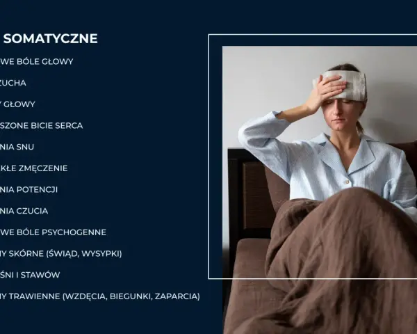 Kobieta z okładem na czole, cierpiąca na bóle somatyczne. Lista objawów i wskazówki, jak leczyć bóle somatyczne.