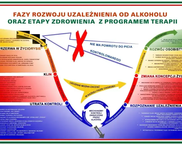 Jestem alkoholiczką. Schemat przedstawia fazy uzależnienia od alkoholu i etapy zdrowienia.