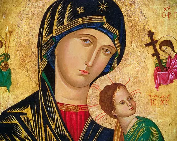 Ikona Matki Bożej Nieustającej Pomocy z aniołami. Wzrok Maryi pełen troski, Dzieciątko Jezus spogląda w górę.