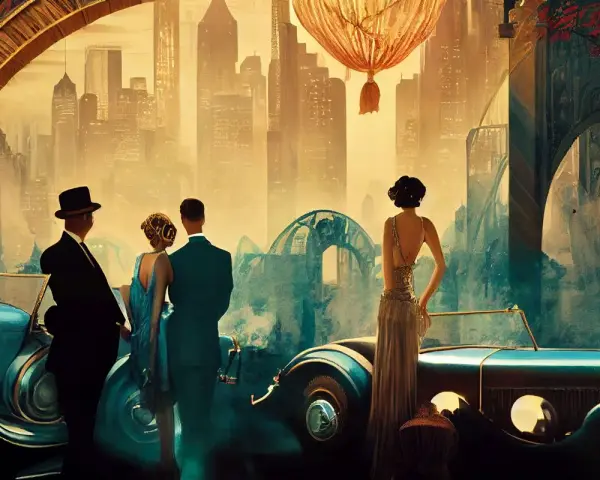 Eleganckie pary podziwiające panoramę miasta w stylu art deco malarstwo. Złote balony unoszą się nad drapaczami chmur.
