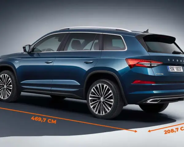 Skoda Kodiaq wymiary: długość 469,7 cm, szerokość 208,7 cm, wysokość 168,1 cm. Duży SUV dla rodziny.