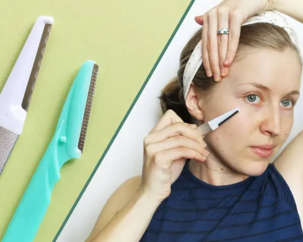 Dermaplaning for men: A woman uses a facial razor, similar to those used for dermaplaning, to exfoliate her skin.