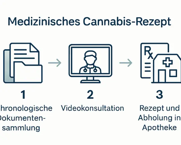 Schritt-für-Schritt-Anleitung für ein medizinisches Cannabis-Rezept: Dokumente, Videokonsultation, Rezept & Apotheke.