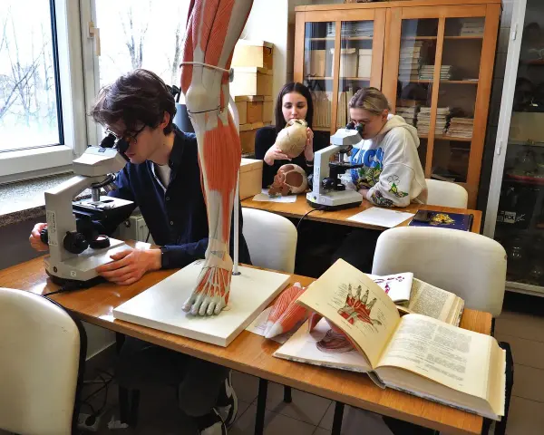 Studenci biologii medycznej zgłębiają tajniki anatomii przy mikroskopach i modelach.