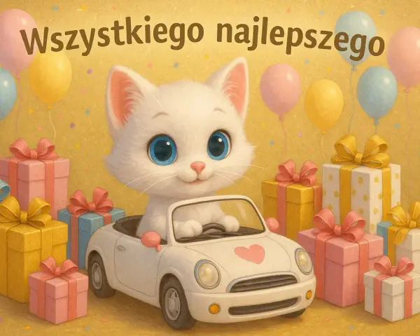 Uroczy biały kotek w kabrioletcie, otoczony prezentami i balonami, z napisem "Wszystkiego najlepszego". Idealne życzenia urodzinowe dla dziewczynki!