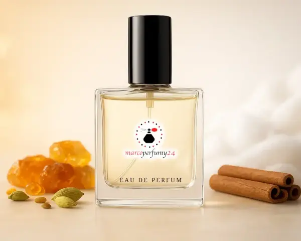 Elegancka butelka perfum z nutami kardamonu i cynamonu, sugerująca bogaty zapach piżma.
