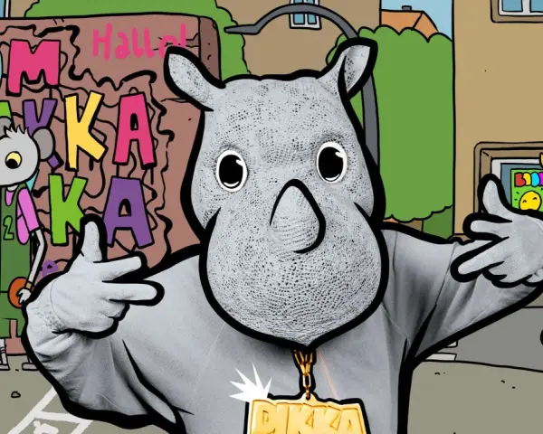 Ein Nashorn mit Goldkette und Graffiti im Hintergrund.