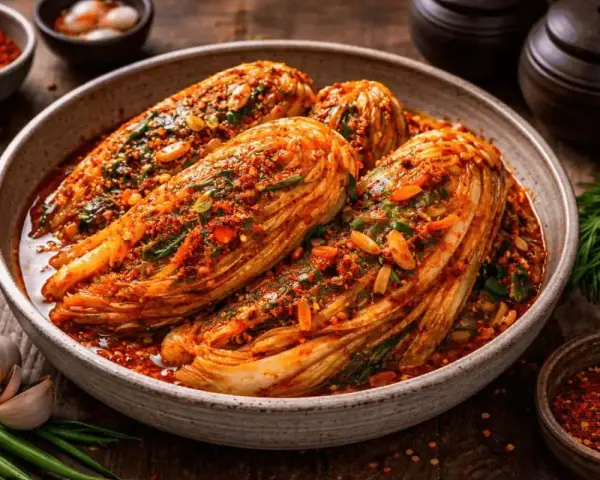 En skål med hel, kryddad kinakål, en klassiker inom koreansk mat. Runtom syns vitlök, chili och gröna örter.
