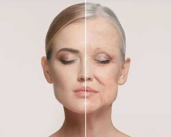 Gesichtshälfte einer jungen Frau neben einer älteren Frau, die zeigt, was bedeutet anti aging.