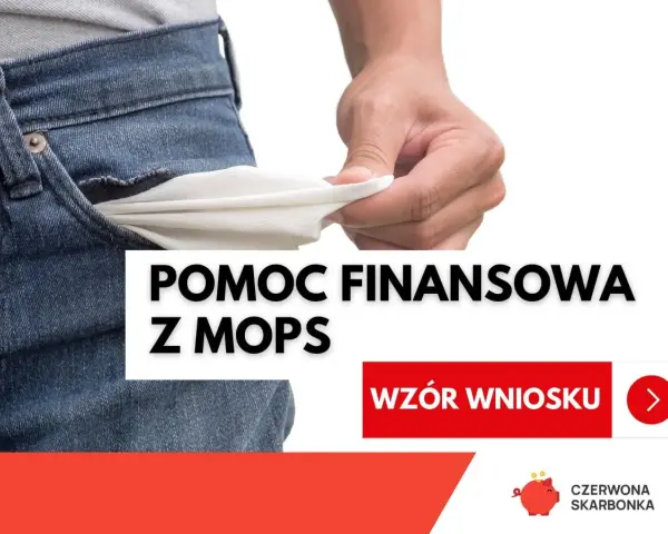 Dłoń wyciąga pustą kieszeń dżinsów. Napis "Pomoc finansowa z MOPS".