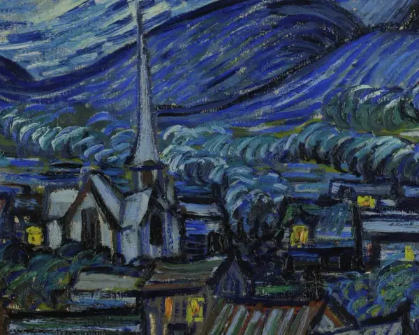 Le tableau La Nuit Étoilée de Van Gogh, une vue nocturne d'un village sous un ciel tourbillonnant de bleu et de jaune.
