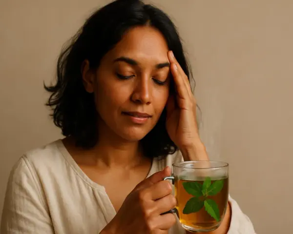 Donna con mal di testa che beve una tisana alla menta, uno dei rimedi naturali per il mal di testa.