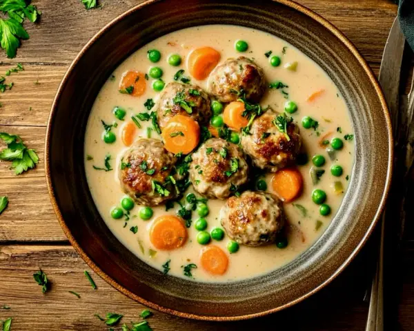 Herzhaftes Gericht mit Fleischbällchen, Erbsen und Karotten in cremiger Soße. Ein köstliches Wikingertopf Rezept für kalte Tage.