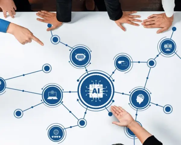 A diverse group of people gather around a table, their hands pointing to an AI diagram. This ai board of directors is strategizing the future of artificial intelligence.