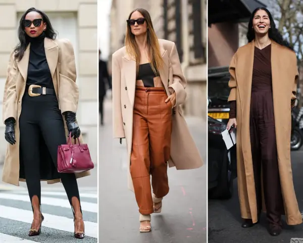 Tre donne mostrano come abbinare il color cammello con outfit eleganti: nero, cuoio e marrone scuro.