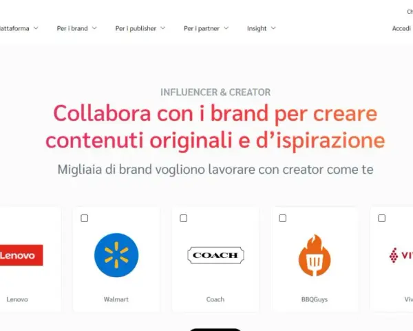 Piattaforma di marketing di affiliazione che connette creator e brand. Logo Impact.com e loghi di brand come Lenovo, Walmart, Coach, BBQGuys, Vivino.