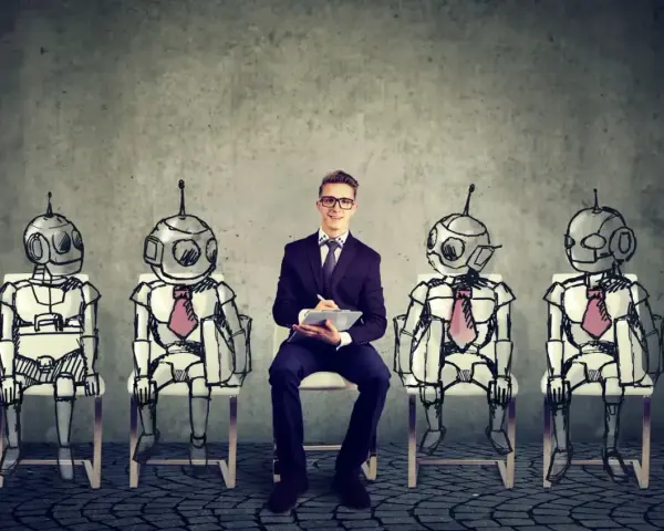 Młody człowiek w garniturze siedzi pośrodku rzędu robotów, przygotowując się do rozmowy kwalifikacyjnej. To wizja przyszłości i zawody przyszłości.