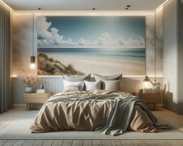 Traumhafte schlafzimmer ideen: Ein Strandmotiv an der Wand bringt Urlaubsfeeling. Gemütliches Bett mit beiger Decke und grauen Kissen.