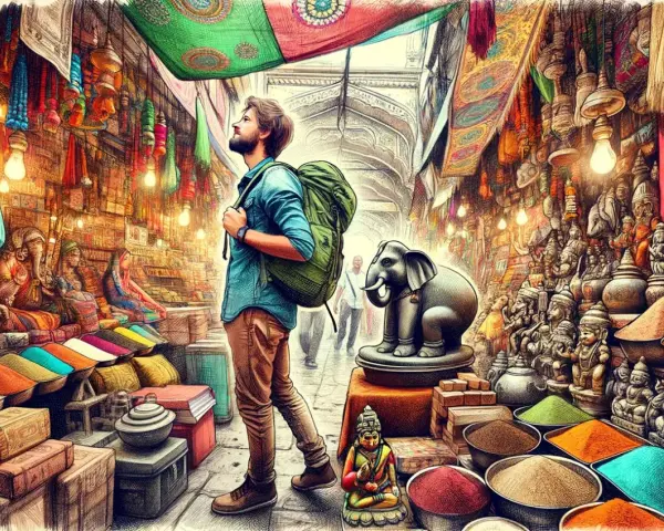 Kolorowy bazar w Indiach. Turysta z plecakiem zastanawia się, co przywieźć z Indii do Polski: przyprawy, figurki, tkaniny?