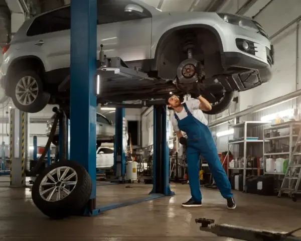 Mechanik pracuje pod samochodem na podnośniku. Szacowany koszt budowy warsztatu 100m2.