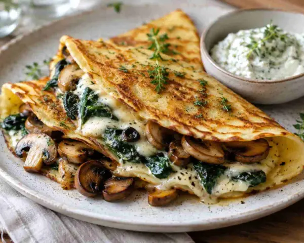 Herzhafte Pfannkuchen gefüllt mit Spinat und Pilzen, überbacken mit Käse, serviert mit Kräuterquark.