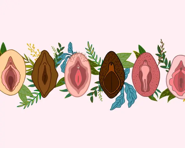 Ilustracja przedstawia siedem różnych warg sromowych, otoczonych liśćmi i gałązkami. Wargi sromowe są w różnych odcieniach skóry i kształtach, symbolizując różnorodność. Niektóre mają delikatne włoski, inne są gładkie. Wizerunki te podkreślają naturaln...