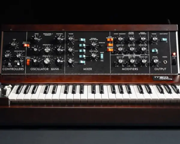 Ein Moog Minimoog-Synthesizer, ikonisch für die 70er Jahre und die Geburt von Synthesizer Musik.