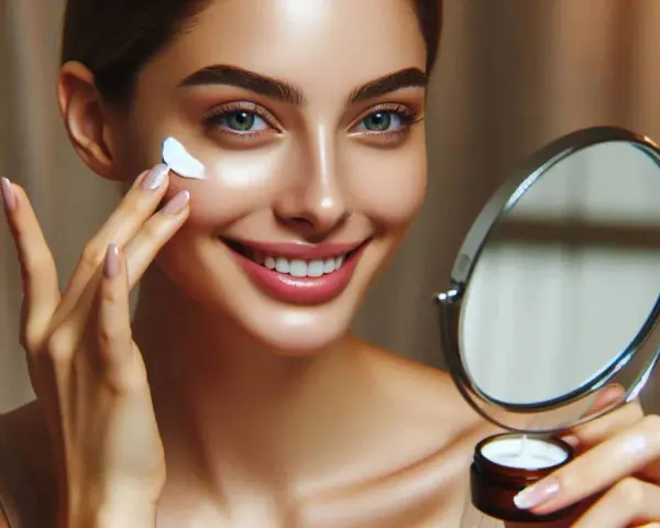 Une femme applique une crème hydratante, cherchant le meilleur correcteur pour ses cernes marrons. Elle se regarde dans un miroir.